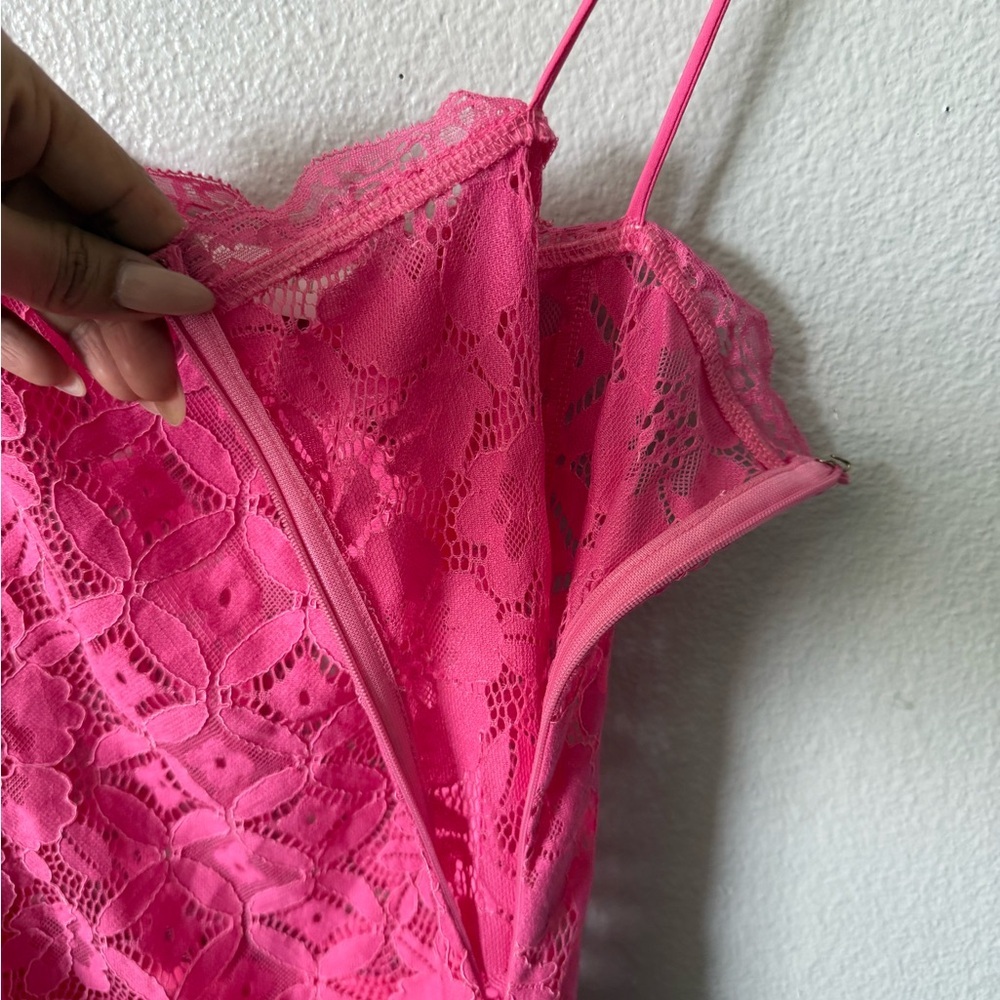 Meshki Hot Pink Lace Slip Mini Dress Size Large Satin Lace Party Date Night - Picture 7 of 15